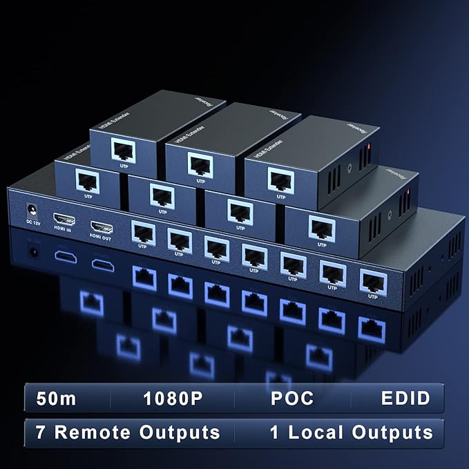 HDMI Extender Splitter 1x7 1080P@60Hz Over Cat 5E/6/7 Ethernet Cable 50m (164ft) Support HDMI loopout EDID Copy POC Function (1 in 7 Out), Monitor