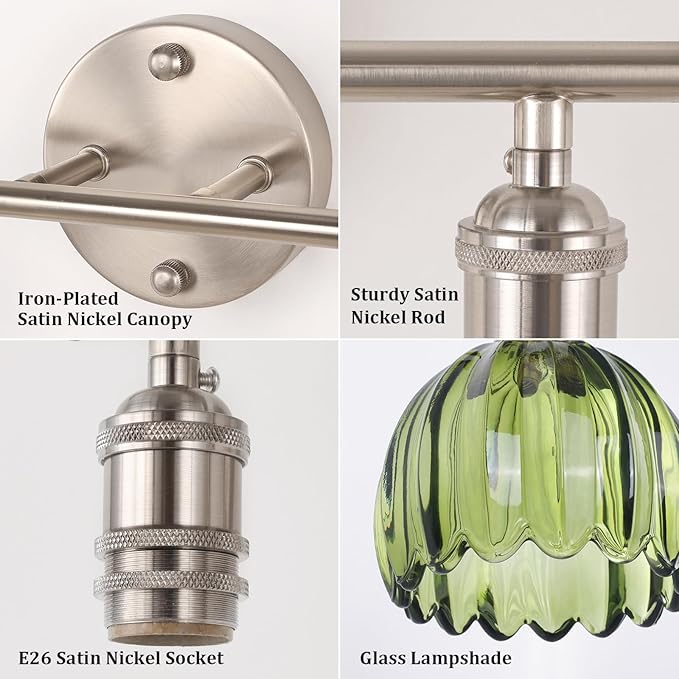 Shenmoyl Bathroom Light Fixtures, 2-Light Vanity Wall Light Over Mirror with Green Tulip Glass Shade for Bedroom Living Room (Bulb Not Included), Satin Nickel