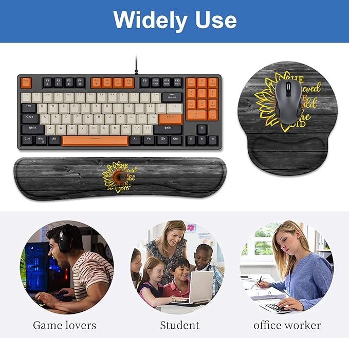 Keyboard Wrist Rest + Mouse Pad Wrist Support Set with Coasters, Inspirational Quote She Believed She Could So She Did Design Non-Slip PU Base Ergonomic Mousepad for Home Office Working Studying