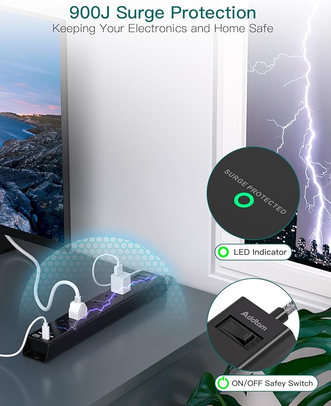 Short Extension Cord 2ft - Addtam Surge Protector Power Strip with 6 AC Outlets 4 USB (2 USB-C Ports), Flat Plug, 900J, Wall Mount, Outlet Extender for Home Office Dorm Room Essentials