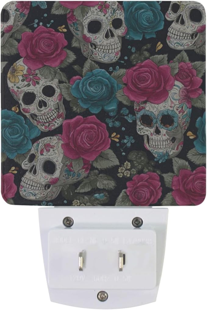 Pigsaly Led Night Light Halloween Sugar Skulls Pink Blue Roses Night Light Plug in Wall Lamp Smart Dusk to Dawn Sensor Nightlight Led Lamp Energy Saving Lights Gift for Kids Room Bedroom Bathroom Hal