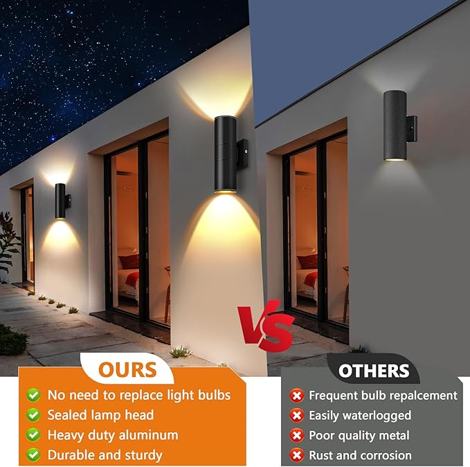 RIDALUX Outdoor Wall Sconce Porch Lights: 8 Pack Modern Aluminum Cylinder Up Down Lights - Exterior Light Fixture for House