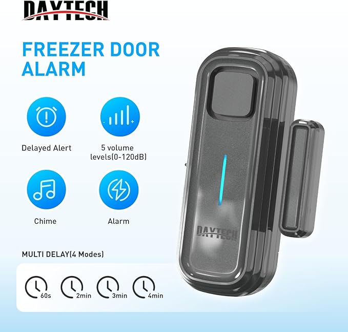 Daytech Refrigerator & Freezer Door Alarm - Adjustable 1-4 Minute Delay, 0-120dB Adjustable Siren, Door/Window Sensor for Home or Business (5 Pack, Gray)