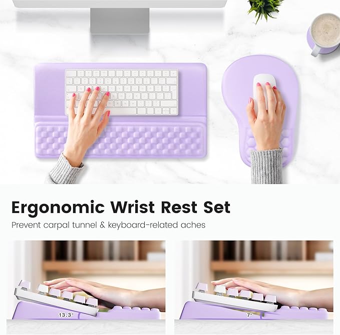 Ospelelf Ergonomic Mouse Pad and Keyboard Stand Wrist Rest Set, Memory Foam Comfort, Pain Relief for Typing, Office Desk Accessories, Purple