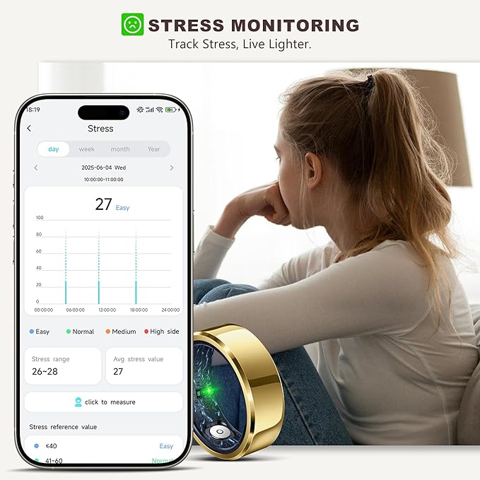 RIFESI Smart Ring for Women Men, Fashion Minimalist Fitness Ring & Sleep Tracker Ring with Heart Rate, Blood Pressure,5ATM Waterproof Health Ring,Gifts for Women Men Gift,No Subscription (9,Gold)