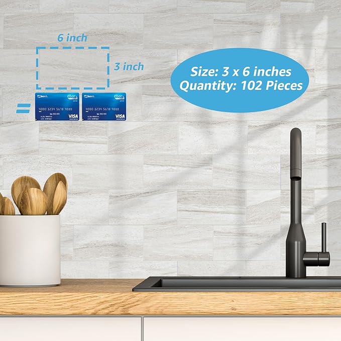Art3d 102-Piece Faux Stone Peel and Stick Backsplash Tile, Waterproof Thick PVC Stick On Subway Wall Tile for Kitchen Bathroom Laundry Room Fireplace - 3" x 6" Biege Marble