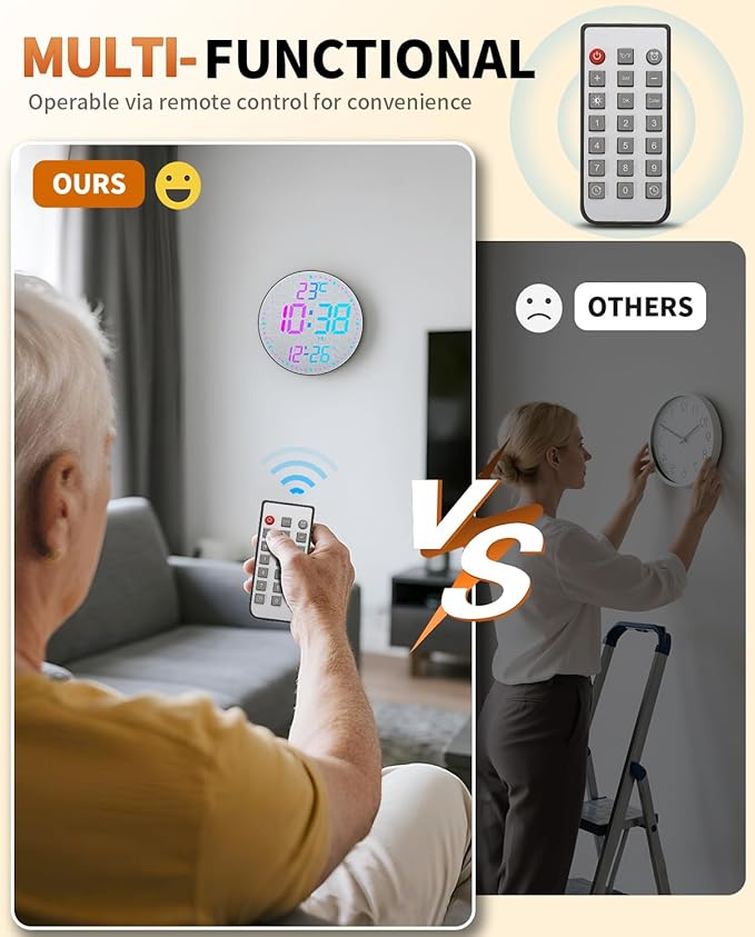 GLOKUUCA 12" Large Digital Wall Mount Clock, Count Down Timer, Alarm, Big LED, 12 RGB Color, Temperature for Living Room Classroom Desk, Xmas, Birthday Gift for Senior Mom (Fabric Elements)