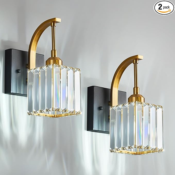 FDPBY Wall Sconces, Set of 2 Black Gold Crystal Vanity Lights, Modern Wall Lamp for Bathroom, Hallway, and Makeup, Easy Installation