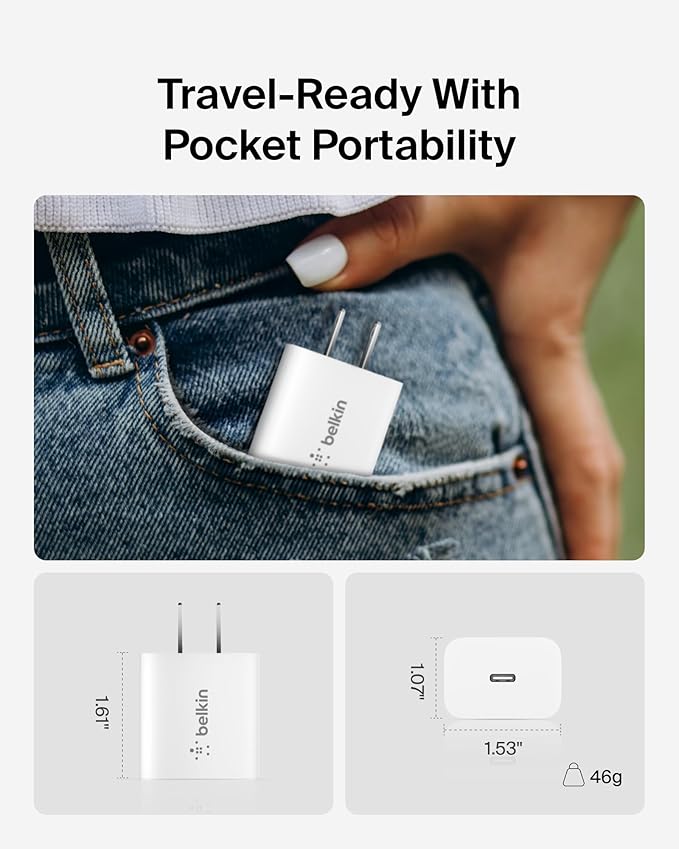 Belkin USB C Charger Block 20W, iPhone Charger Fast Charging - iPhone 17, Air, Pro, Pro Max, Samsung Galaxy S25, Google Pixel 10, iPad, AirPods, Apple Watch, Nintendo Switch 2 & More - White
