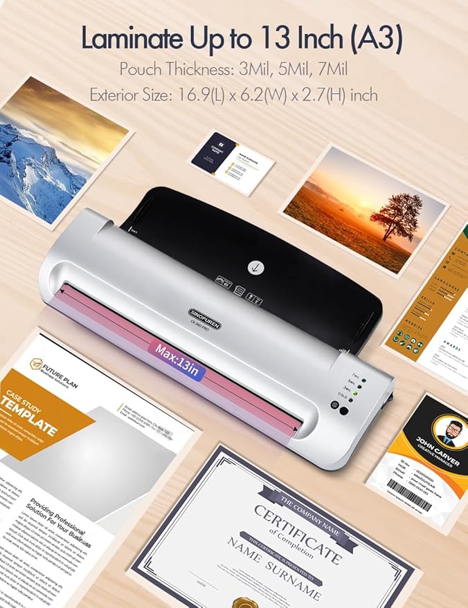 SINOPUREN 13-Inch Thermal & Cold Laminator Machine, Quick Warm-Up, 3 Temp Settings, Jam-Free ABS, Built-in Paper Trimmer & Corner Rounder, 10 Laminating Pouches, for Home Office School