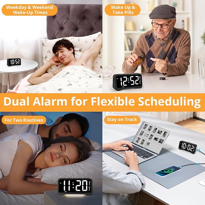 Loud Vibrating Alarm Clock for Heavy Sleepers with Bed Shaker Under Pillow, Hearing Impaired/Deaf/Teens, Dual Alarms, Adjustable Date, Nightlight & Battery Backup, Large LED Digital Display, 12/24H