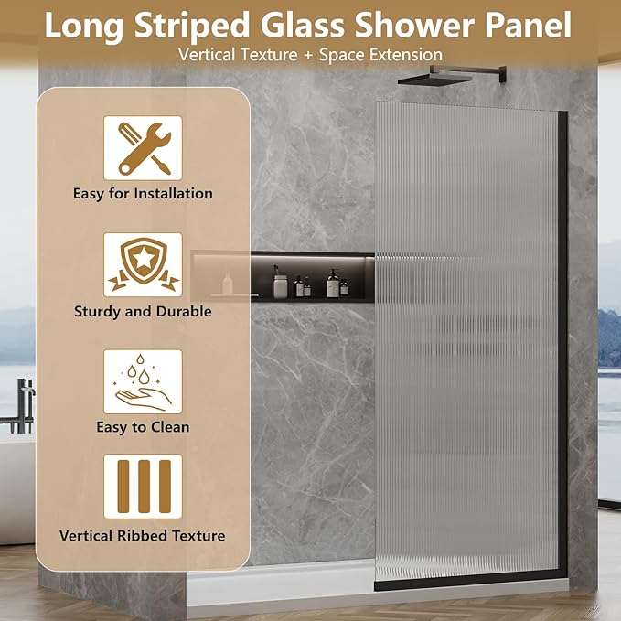 36"x76" Fixed Glass Shower Door, 3/8"(10mm) Thick Fluted Privacy Tempered Glass, Frameless Shower Glass Panel, Shower Screen Half Wall for Walk in Shower, Matte Black
