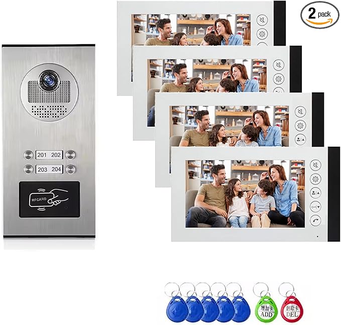 ANJIELO SMART Wired Video Multifamily Apartment Intercom System,2/3/4/6/8/10/12 Units 7 inch Monitor Video Door Phone Kit,Video Doorbell, ID Card Unlock, 2 Way Audio for Home (1 doorbell + 4 Monitor)