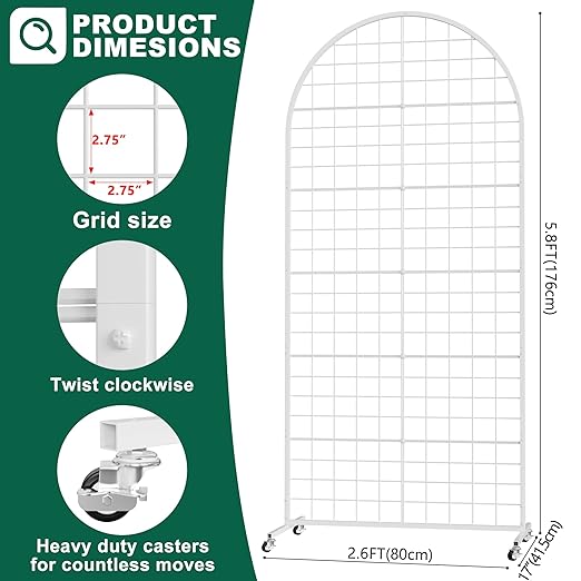 Asee'm Grid Wall Panels Display Stand 2.6' x 5.8' FT White Movable Wire Grid Wall Display Rack Heavy Floorstanding Detachable Girdwall Panel with T-Base for Craft Show Rack, Retail Displays 1PCS
