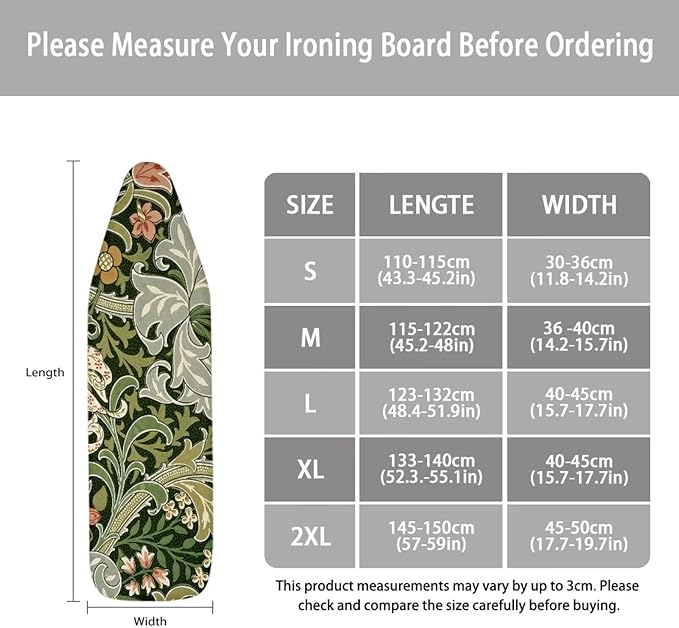 ZXFYGDX Cover for Ironing Board, William Morris Prints Table Top Ironing Board Cover with Nylon Buckle Straps and Elastic Edges Easy to Install, Standard Size Suitable for 18x58 Inch Ironing Board 2XL