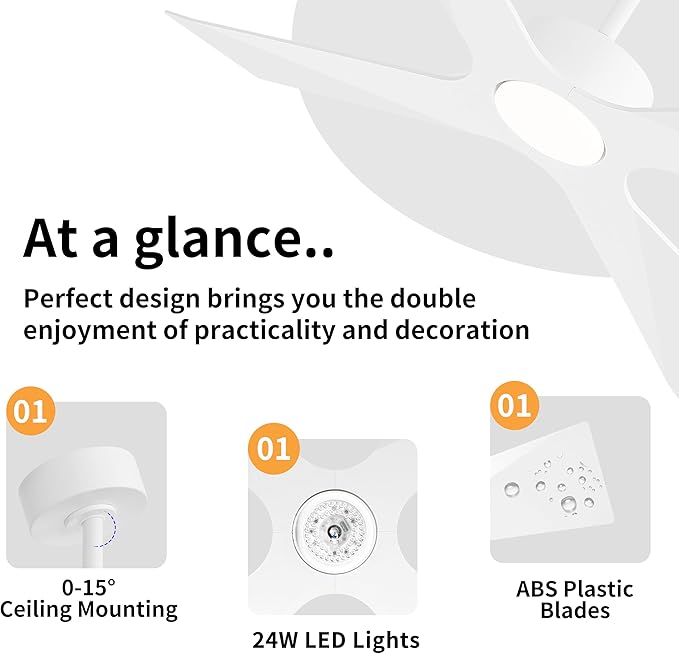 WINGBO 64" Wet Rated Outdoor Ceiling Fan with Lights, 4 ABS Plastic Blades, Reversible DC Motor, 6-Speed Remote Control, 3 CCT, Waterproof Ceiling Fan for Patio Porch Gazebo Garage, Gloss White
