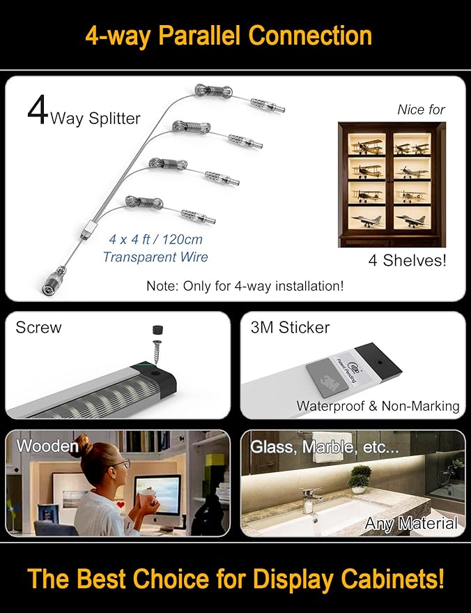 EBD LED Shelf Lights for Bookshelf Closet Bookcase 4-Way 48” Splitter Parallel Under Cabinet Lighting Built-in Adjustable Cable Kitchen Counter Light Bar 8 Panels Energy 3600Lm 3000K