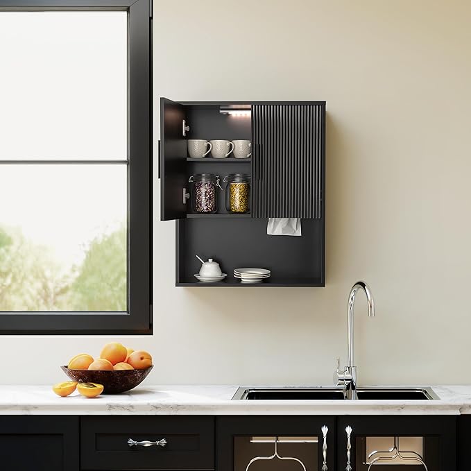 Modern Fluted Bathroom Wall Cabinet with Motion Sensor LED Light, Black Over The Toilet Storage with Tissue Dispenser, Soft-Close Hanging Medicine Cabinet with Adjustable Shelves & Open Rack