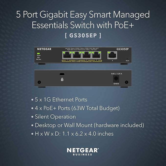 NETGEAR 5 Port PoE Gigabit Ethernet Easy Smart Managed Essentials Switch - - Image 2