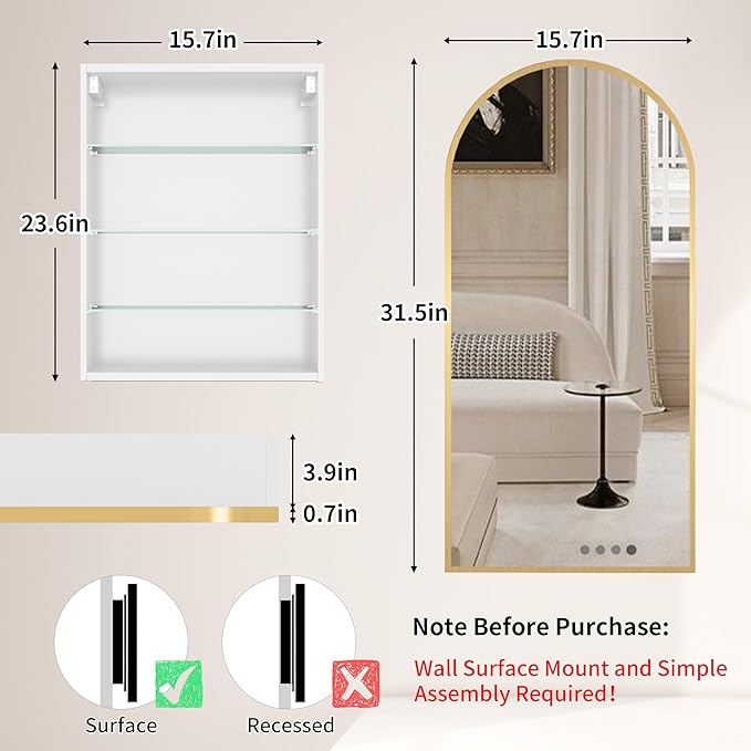 Gold Medicine Cabinet Mirror,Left or Right Opening,Arched Medicine Cabinet Mirror Wall Mounted,Bathroom Mirror with Storage, Adjustable Shelves, Not Recessed, 16x32 inch