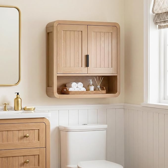 Modern Farmhouse Bathroom Wall Cabinet, Oak Finish Medicine Cabinet with Soft-Close Doors, Wall Mounted Storage Organizer with Rounded Edges for Kitchen, Laundry Room, Entryway