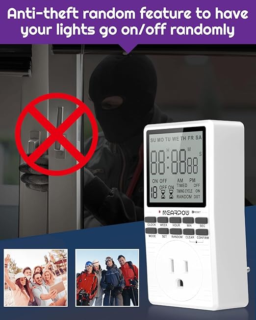 Outlet Timer, NEARPOW Multifunctional Programmable Timer with Countdown and 7-Day Digital Infinite Repeat Cycle Intermittent, 19 ON/Off Programs for Electrical Outlets, 3 Prong, 15A/1800W
