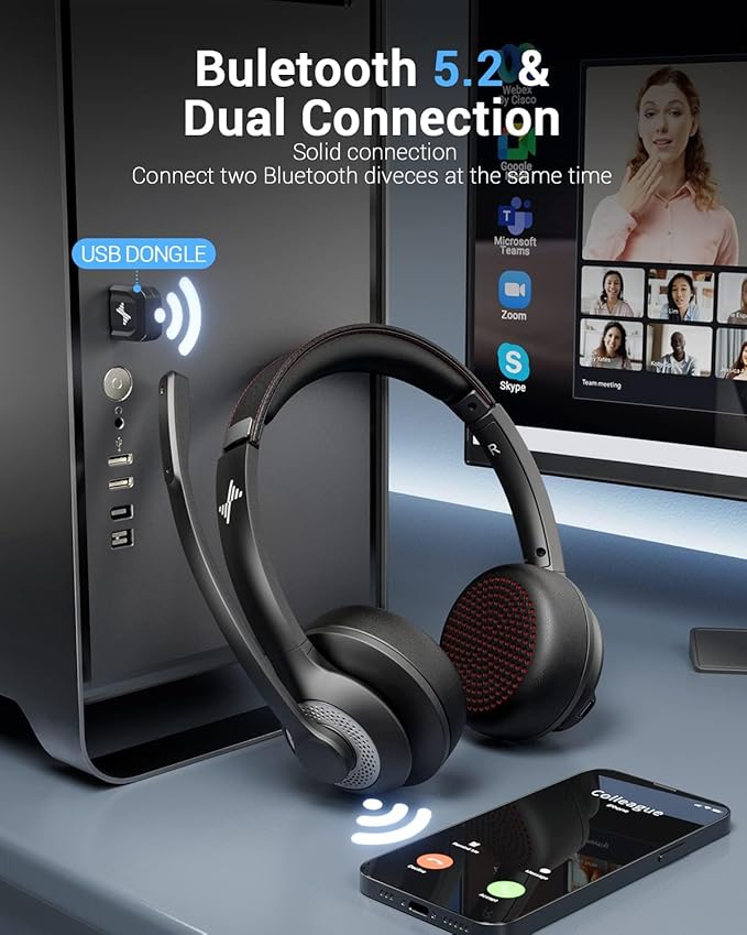 JIAMQISHI Wireless Headset with AI Noise Cancelling Microphone Bluetooth Headset - Bluetooth V5.2 Headphones with USB Dongle Charging Base & Mic Mute for Computer/Laptop/PC/Phone/Android/Cell Phones