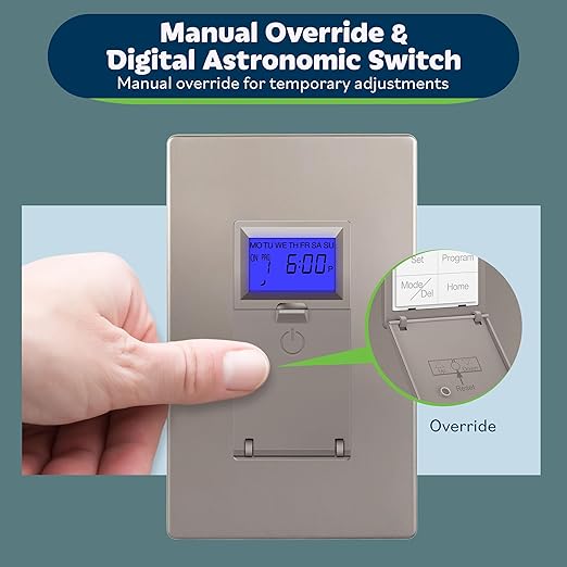 TOPGREENER Digital Astronomic Timer Switch, 7-Day Programmable Sunrise Sunset Timer for Lights, Fans, & Motors, Single-Pole or 3-Way, Neutral Wire Required, UL Listed, TGT01-HN-NK, Nickel