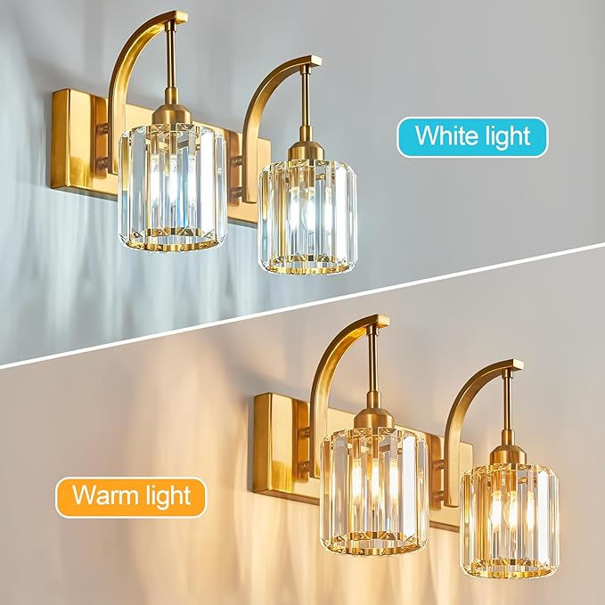 FDPBY Bathroom Crystal Vanity Lights 2-Light Gold Wall Lamp Modern Crystal Bathroom Light Fixtures Over Mirror 13.77" Long Wall Sconce
