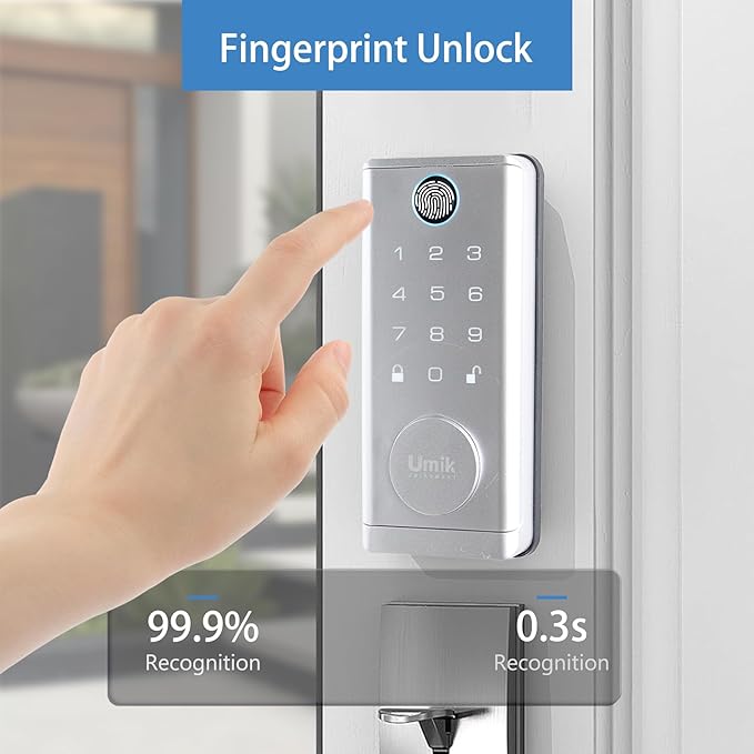 UMIK UMIKSMART Fingerprint Smart Door Lock with Heavy Duty Handleset, Keyless Entry Door Lock, Electronic Keypad Deadbolt Locks, App Control for Front Door, Home (Matte Silver)