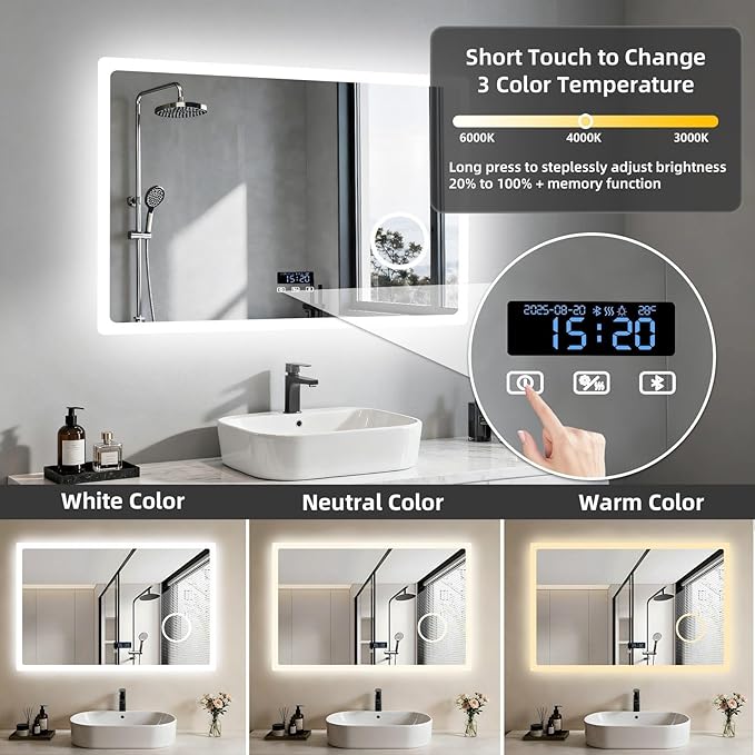 LUVODI LED Bathroom Mirror Rectangle: 32x24 inch Lighted Makeup Vanity with Bluetooth Speaker, Time Display, Magnifier, Anti-Fog, Memory Function, 3 Color Temperature