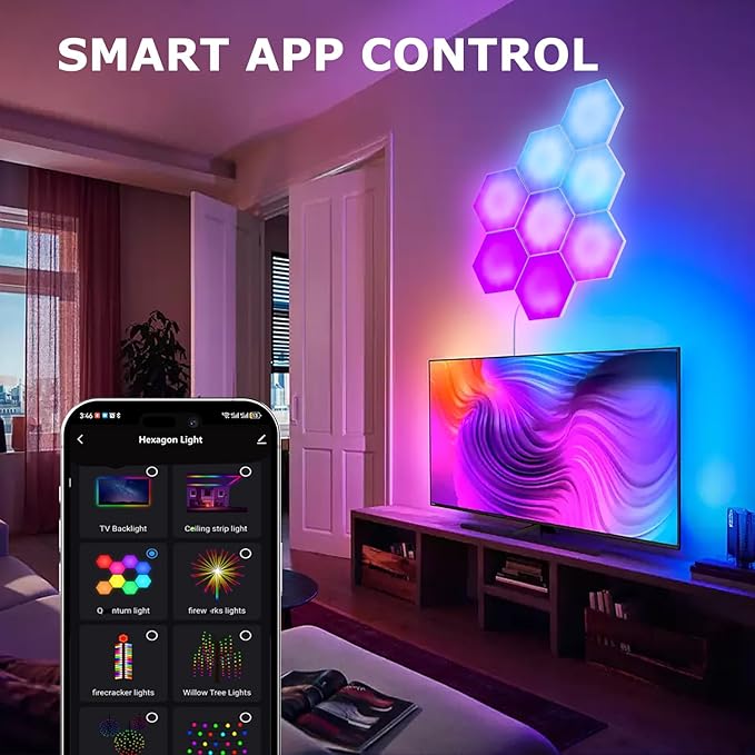 HEDCINLT Smart Hexagon Lights DIY Hexagon Led Light App & Remote Controlled & Music Sync Features USB & Type C Modern RGB Wall Panels for Living & Gaming Decor (10Pack)