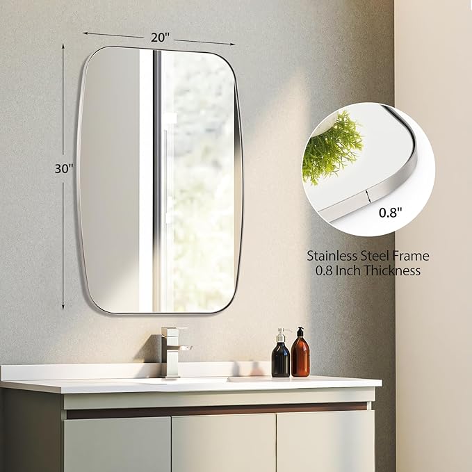 Brushed Nickel Bathroom Mirror, 20"×30" Oval Vanity Mirror with Stainless Steel Metal Frame, Silver Oblong Wall Mount Mirror for Bedroom, Living Room