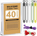 AUFORPET 40Pcs Silicone Cable Ties with Box, Reusable Cord Organizer Rope, Elastic Cord Ties for Electronics, Essentials Straps Wires for Fastening Home Office Kitchen Travel Appliances