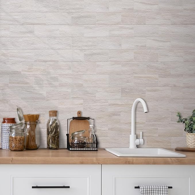 AULIGET 4-Piece Beige Slate Peel and Stick Backsplash Wall Tiles, 3" x 6" PVC Faux Stone Stick on Tile for Backsplash Kitchen, Bathroom, Laundry Room, Camper, Fireplace