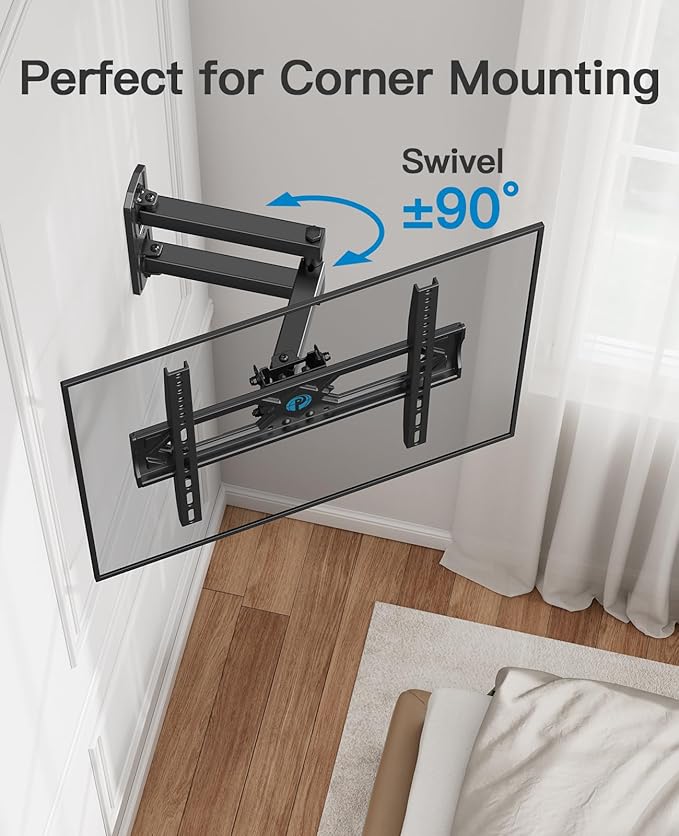 Pipishell Full Motion TV Wall Mount for 26-65 Inch Flat Curved TVs, Heavy Duty Single Articulating Arms, Corner TV Mount Up to VESA 400x400mm and 77lbs, Support Swivel, Tilt, Level Adjustment