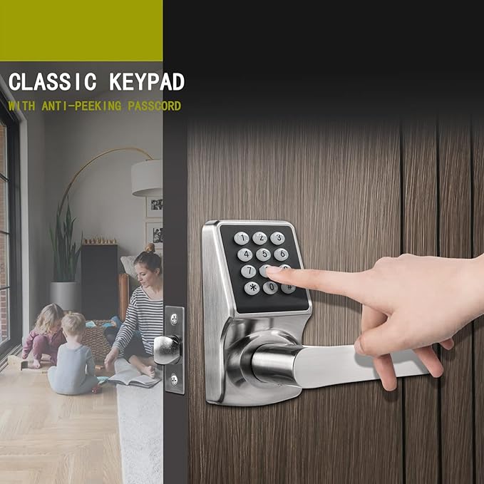 BAOLONG Keyless Entry Door Lock, Electronic Keypad Lock with Handle, Digital Lock with Keypads, IC Card and Key, Easy Installation for Home, Hotel, Satin Nickel