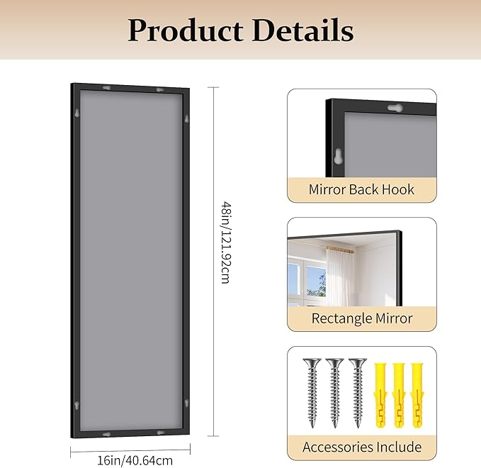 Black Bathroom Mirror for Wall, 16x48 Inch Rectangle Mirror with Metal Frame, Modern Vanity Mirrors for Bathroom Living Room, Entryway Hangs Horizontal or Vertical