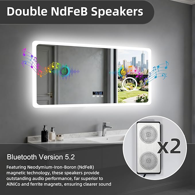 LUVODI Bathroom LED Wall Mirror: 48x24 inch Rectangle Makeup Vanity with Lights Bluetooth Speaker, Time Display, Magnifier, Anti-Fog, Memory Function, 3 Color Temperature