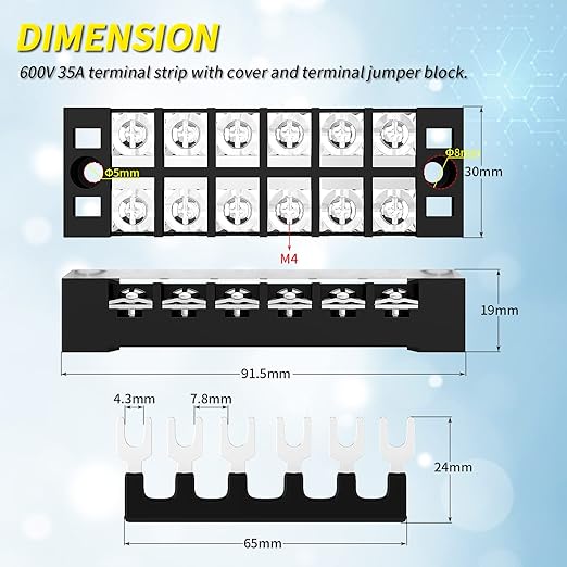 Joinfworld 35A Terminal Block 6 Position Screw Terminal Strip Dual Row with Cover & 6 Position Pre-Insulated Terminal Jumper Block - 2 Pack