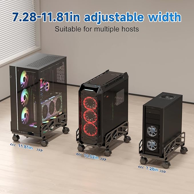 Pholiten Adjustable Computer Tower Stand,7.28 to 11.81 inch Wide Steel CPU Stand with 4 Rolling Caster Wheels,，Under Desk CPU Holder PC Floor Cart PC Riser,132lbs Capacity Weight