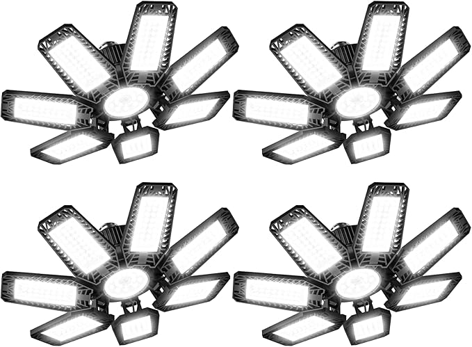 CHENGCHILIT LED Garage Light 4 Pack - 200w 20000LM 6500K Garage Lights Ceiling LED with 7+1 Adjustable Panels, Shop Lights Screw in E26 E27 Bulb Socket for Workshop, Storage Room, Basement, Warehouse