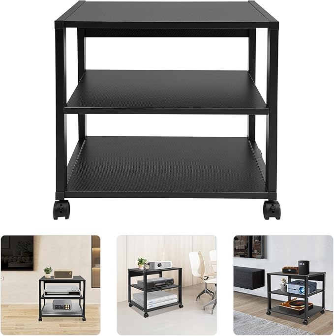 3-Tier AV Media Stand Rack, Black Rolling Stereo Audio Rack Stand with Wheels, Mobile & Space-Saving Design, Perfect for Speakers, DVD Players, Amplifiers (19.7 * 15.7 * 19.1in)