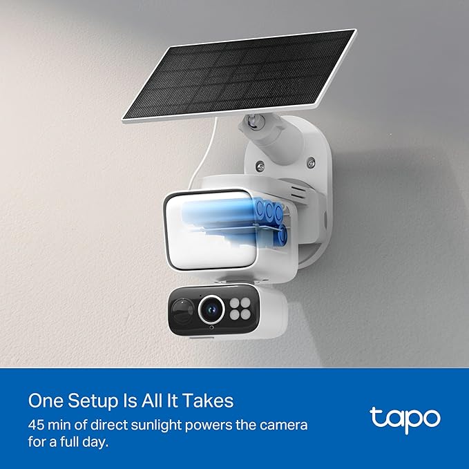 Tapo 2K Dimmable Floodlight Security Camera Outdoor Wireless w/Solar Panel, Pan/Tilt, 360º AI Tracking, Free Person/Vehicle Detection, Works w/Alexa and Google Assistant, SD/Cloud, C615F KIT
