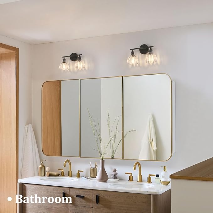 Shenmoyl Bathroom Light Fixtures, 2-Light Black Vanity Wall Light Over Mirror with Clear Tulip Glass Shade for Bedroom Living Room (Bulb Not Included)