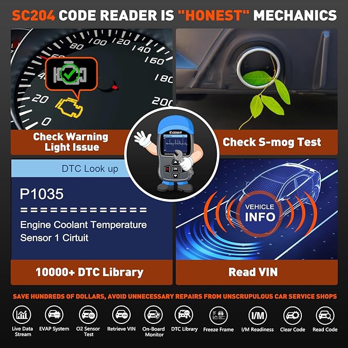 CGSULIT Scan Tool SC204 OBD2 Scanner, Check Engine Light Code Reader with Reset, One-Click I/M, Clear Error Code, DTC Lookup & More, Car Diagnostic Tool for All OBDII/EOBD Vehicles After 1996, Grey