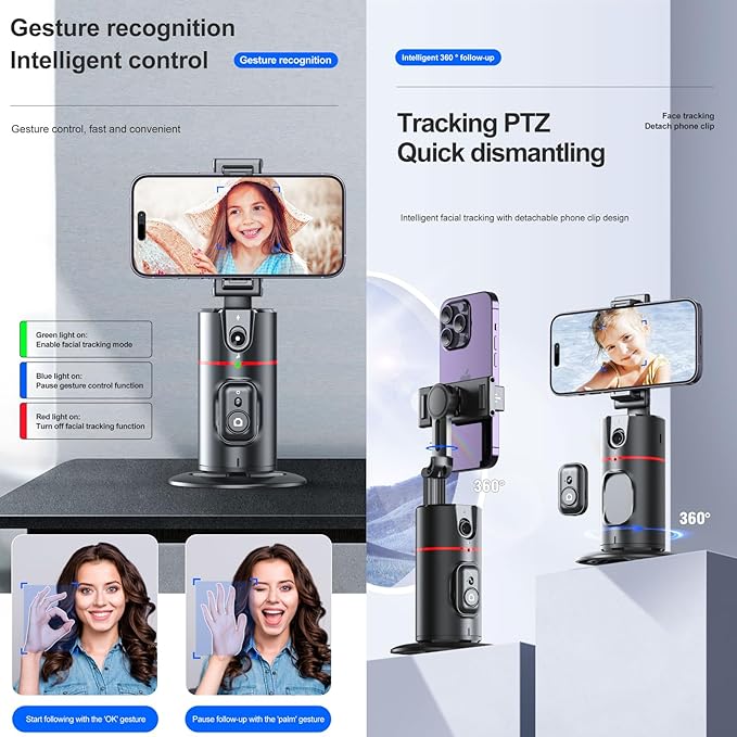 MQOUNY Auto Tracking Phone Holder,360° Rotation Phone Camera Mount Smart Shooting Tracking Holder with Remote Selfie Stick for iPhone Android Stabilizer Shooting Live,No App,Rechargeable