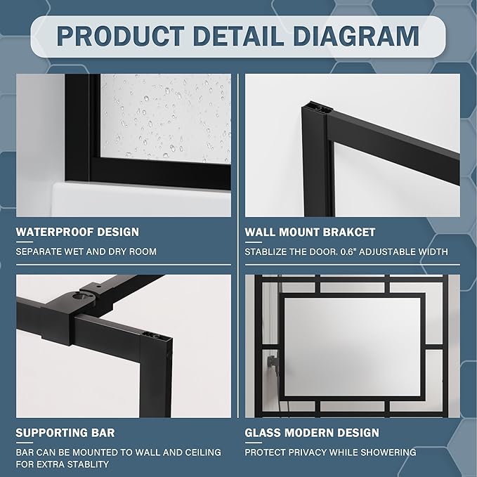 Goodyo 34” X 72” Glass Shower Door Fixed Framed Shower Screen Tempered Glass Panel for Walk-in Shower Room, Grid Pattern, Middle Frosted Glass, 3-Pieces Glass, Matte Black Finish