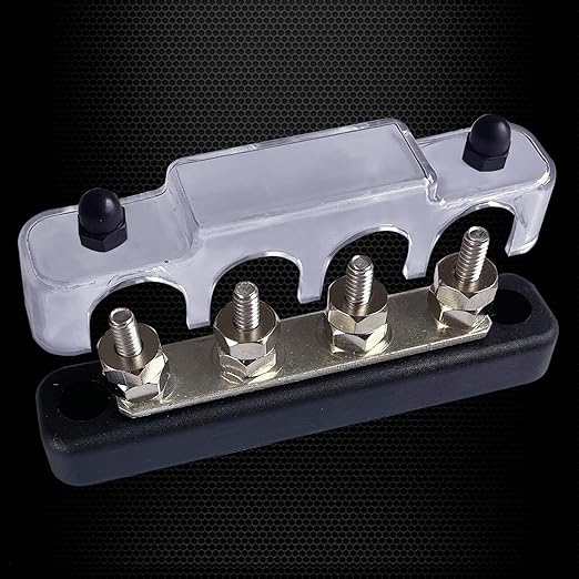4 x #10 (M5) Studs Bus Bar, Ampper 4.2" Ground Distribution Block Brass Battery BusBar Junction with Cover for Auto Boat Amplifier and More (Black)