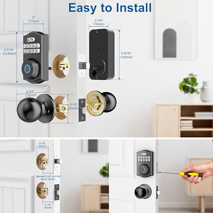 BAFUWEIY Fingerprint Door Lock with Door Knobs Set, Keyless Entry Door Lock Deadbolt with Handle, Smart Front Door Lock Set with APP Control/Fingerprints/Passwords/Auto-Lock/Easy Installation Black